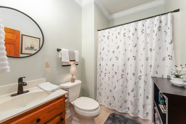 full bathroom featuring tile patterned floors, a shower with curtain, ornamental molding, toilet, and vanity