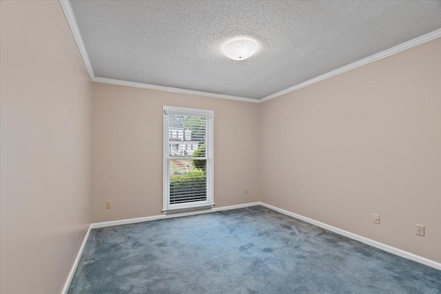 carpeted spare room with crown molding, a textured ceiling, and baseboards