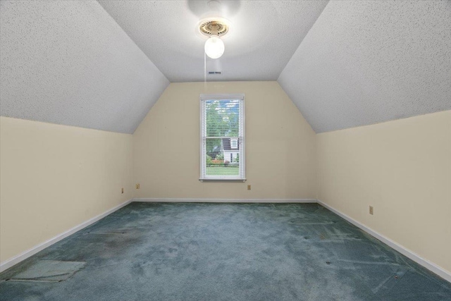 additional living space featuring baseboards, a textured ceiling, lofted ceiling, and carpet floors