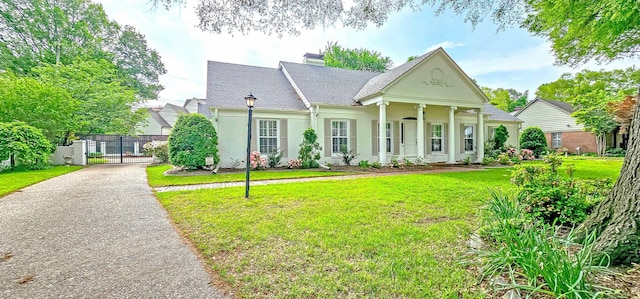 greek revival house with a gate, a chimney, roof with shingles, stucco siding, and a front lawn