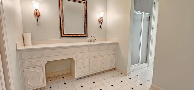 full bath featuring a shower stall, vanity, and baseboards