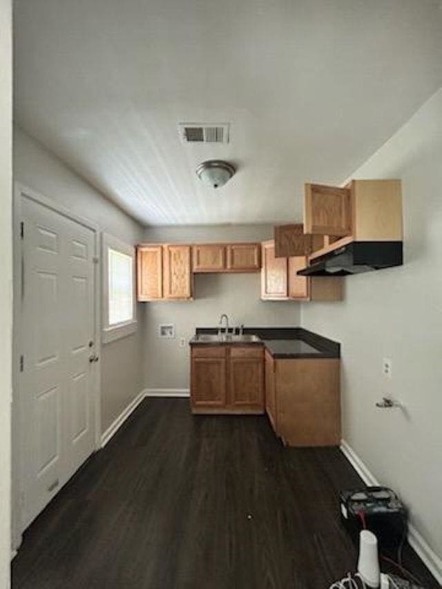 kitchen featuring baseboards, visible vents, dark wood-style flooring, and a sink