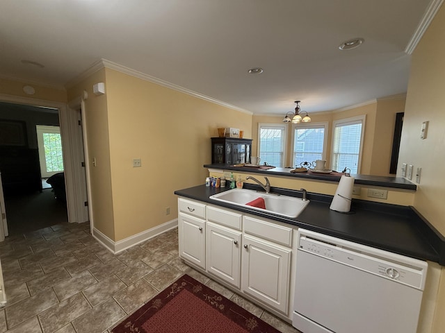 kitchen with white cabinets, dark countertops, dishwasher, a sink, and baseboards