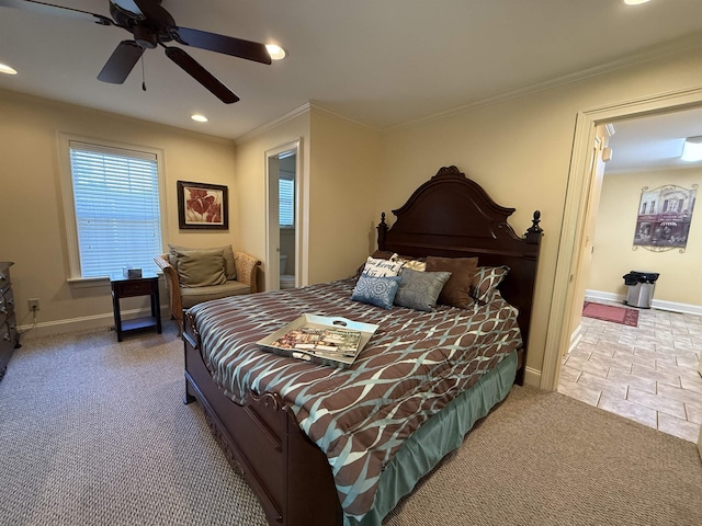 carpeted bedroom with baseboards, recessed lighting, ornamental molding, and ceiling fan