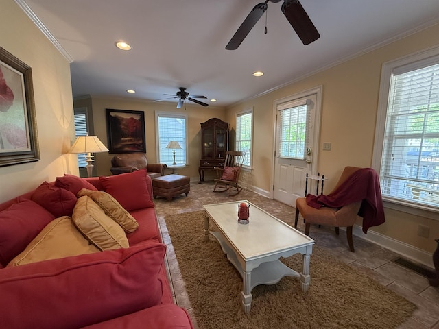 living room with ornamental molding, recessed lighting, and ceiling fan