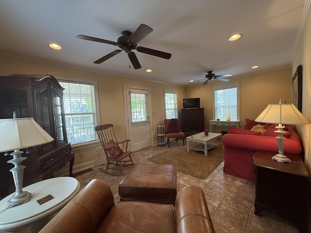 tiled living room featuring ornamental molding, recessed lighting, a ceiling fan, and baseboards