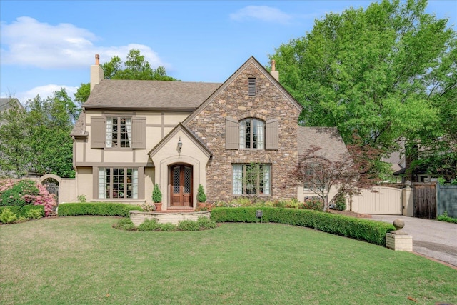 english style home featuring a chimney, french doors, a gate, and a front lawn