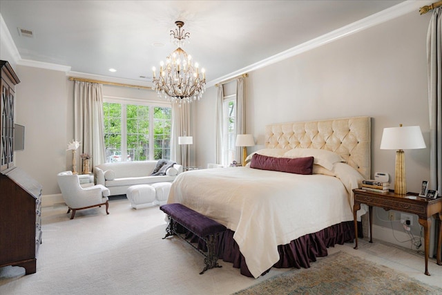 carpeted bedroom featuring recessed lighting, a notable chandelier, visible vents, baseboards, and ornamental molding