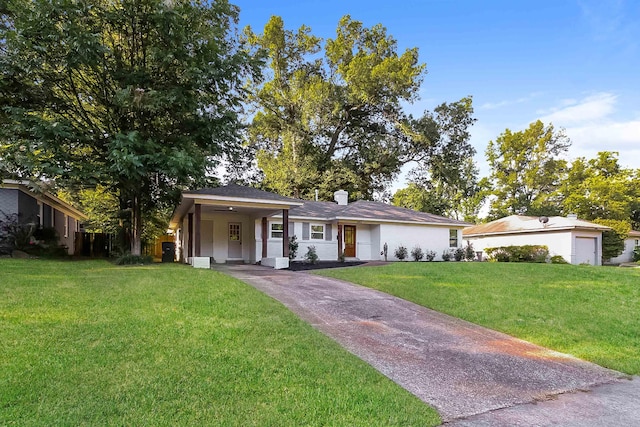 4143 Hilldale Ave, Memphis, TN 38117 - ranch-style house featuring a chimney, aphalt driveway, and a front lawn