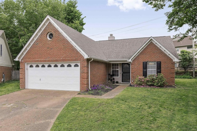 ranch-style home featuring brick siding, a shingled roof, a front yard, and driveway