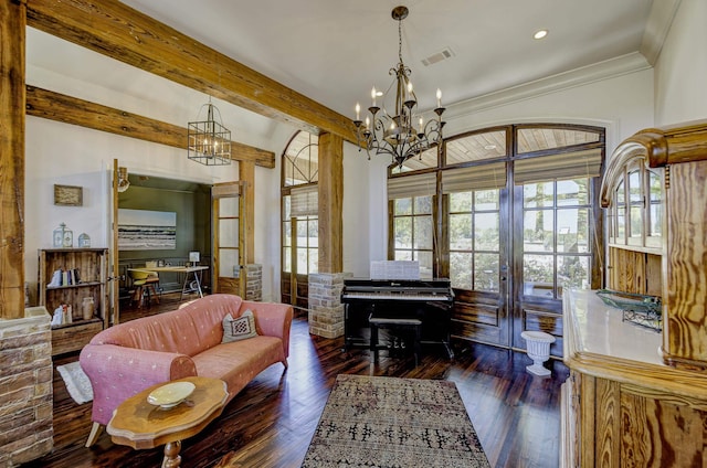 sitting room with recessed lighting, wood finished floors, ornamental molding, visible vents, and a notable chandelier