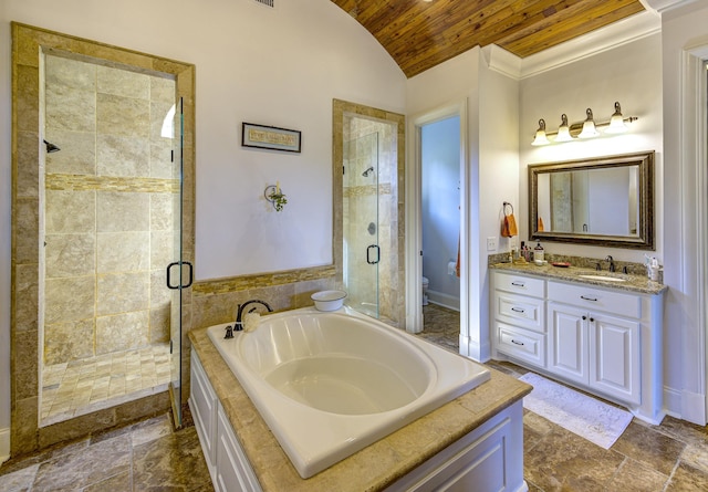 bathroom featuring wooden ceiling, a stall shower, toilet, and vaulted ceiling