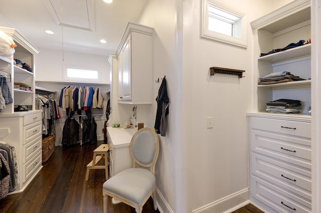 spacious closet featuring attic access and dark wood-type flooring