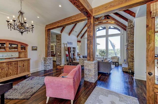living area featuring dark wood-style floors, beam ceiling, and baseboards