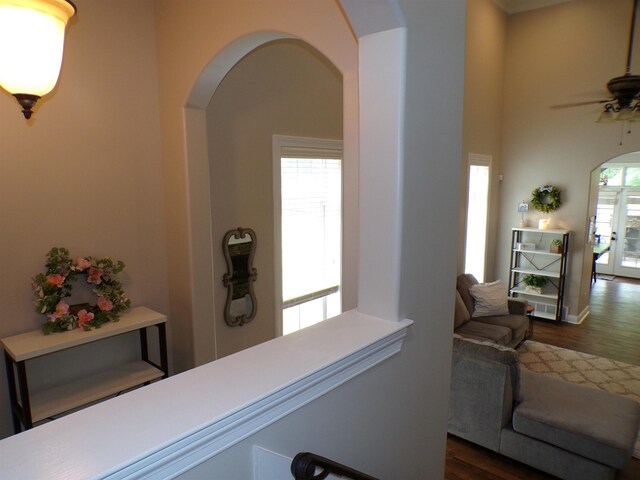 hallway featuring dark wood-style flooring and arched walkways