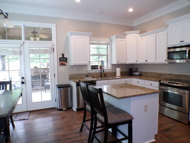 kitchen with white cabinetry, a wealth of natural light, appliances with stainless steel finishes, and a sink