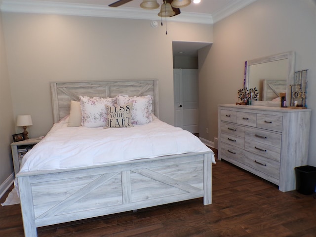 bedroom with crown molding, dark wood-style flooring, and ceiling fan