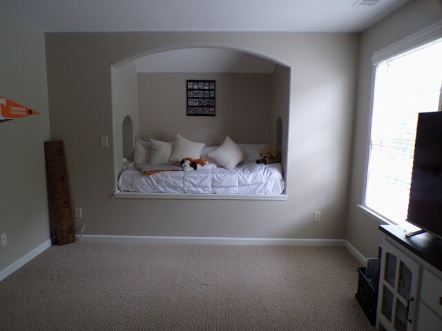carpeted bedroom with baseboards and arched walkways