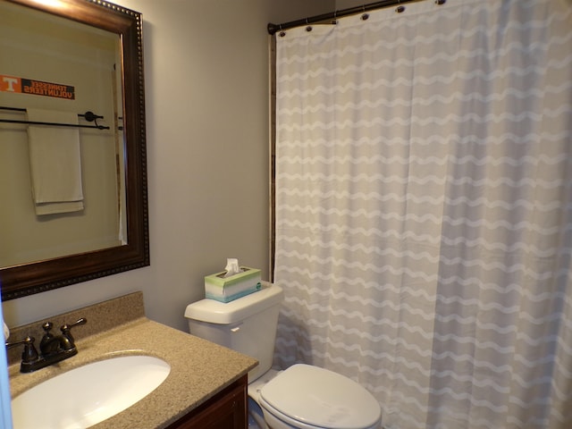 full bathroom with toilet, vanity, and a shower with shower curtain
