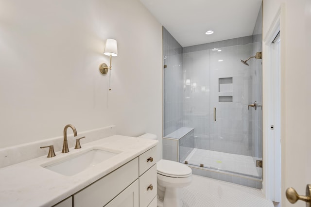 bathroom featuring tile patterned flooring, vanity, toilet, recessed lighting, and a shower stall