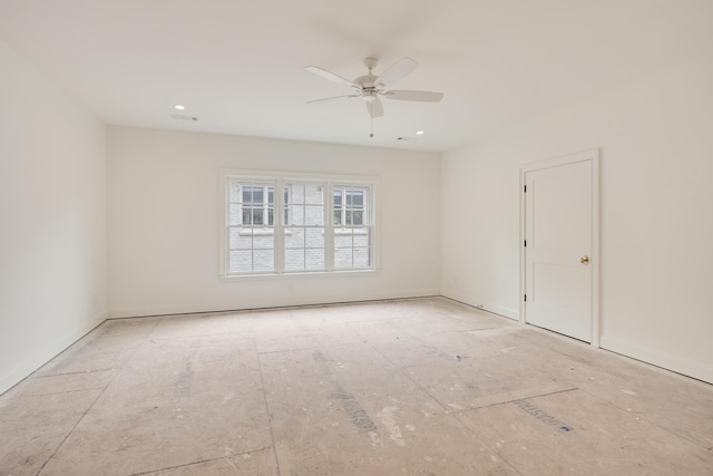 empty room with baseboards, a ceiling fan, recessed lighting, and visible vents
