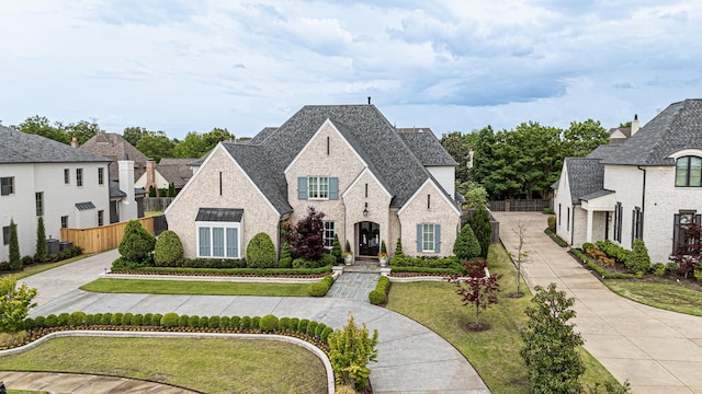 french country inspired facade featuring brick siding, a shingled roof, and driveway