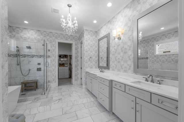 bathroom with a stall shower, marble finish flooring, a spacious closet, double vanity, and a chandelier