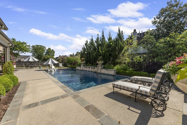 view of pool with a patio area and fence
