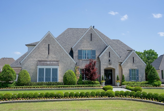view of front of home with brick siding, a front lawn, and roof with shingles
