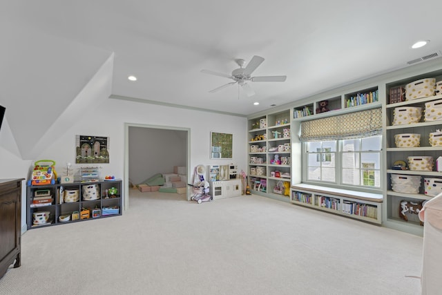 recreation room featuring carpet flooring, ceiling fan, and recessed lighting