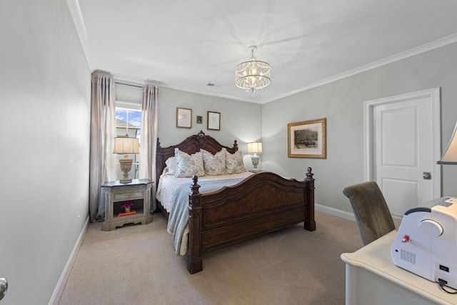 bedroom featuring a chandelier, ornamental molding, light carpet, and baseboards