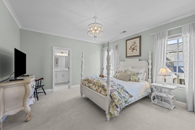 carpeted bedroom with a chandelier, baseboards, crown molding, and connected bathroom