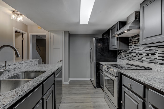 kitchen featuring wall chimney range hood, tasteful backsplash, a sink, baseboards, and stainless steel appliances