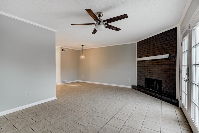 unfurnished living room with visible vents, ornamental molding, a textured ceiling, and ceiling fan