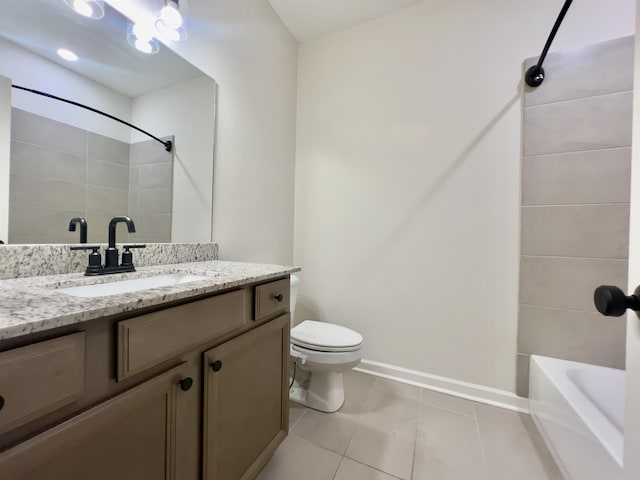 full bath with tile patterned floors, baseboards, vanity, toilet, and tub / shower combination