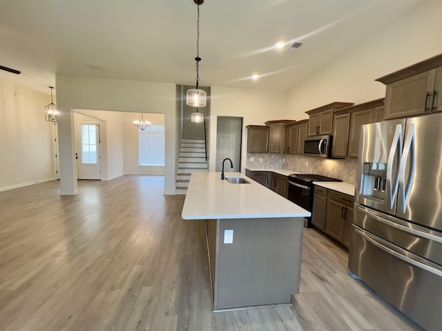 kitchen featuring backsplash, visible vents, appliances with stainless steel finishes, a sink, and light countertops