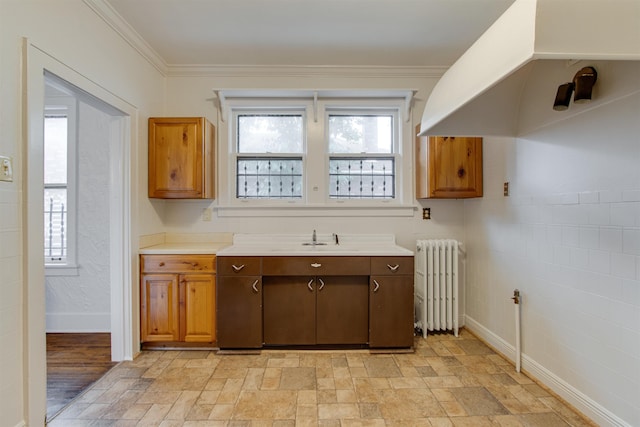 kitchen with a sink, radiator heating unit, stone finish floor, and light countertops