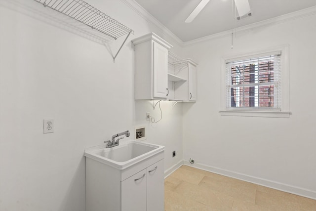 washroom featuring a sink, hookup for a washing machine, hookup for an electric dryer, visible vents, and ornamental molding