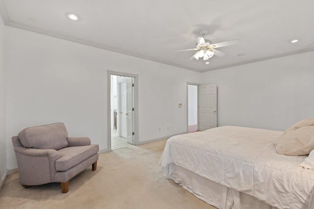 bedroom featuring ornamental molding, light carpet, baseboards, ceiling fan, and recessed lighting
