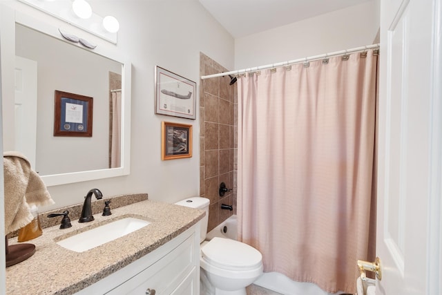full bathroom with toilet, shower / bathtub combination with curtain, and vanity