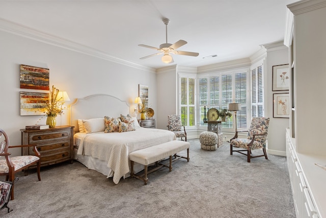 bedroom featuring ceiling fan, light colored carpet, baseboards, visible vents, and ornamental molding