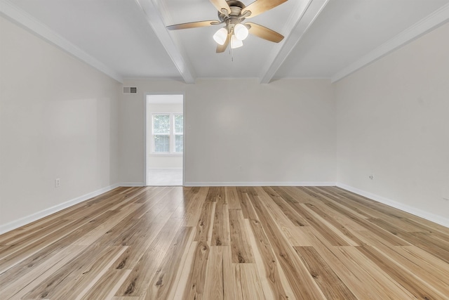 unfurnished room with visible vents, beamed ceiling, baseboards, ceiling fan, and light wood finished floors