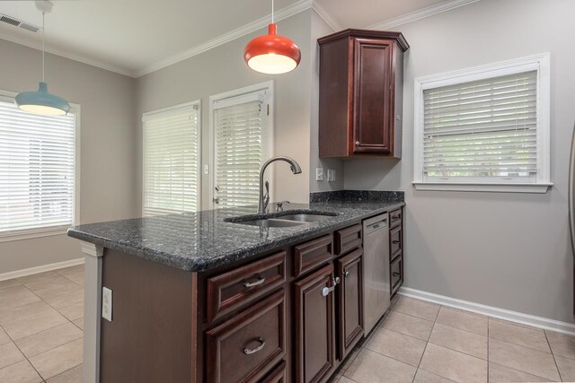 kitchen with light tile patterned flooring, visible vents, a sink, and dishwasher