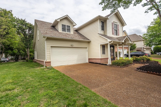 view of front facade with roof with shingles, an attached garage, a front lawn, brick siding, and concrete driveway