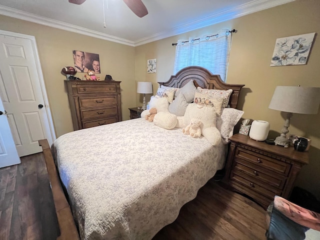 bedroom with crown molding, ceiling fan, and dark wood-type flooring