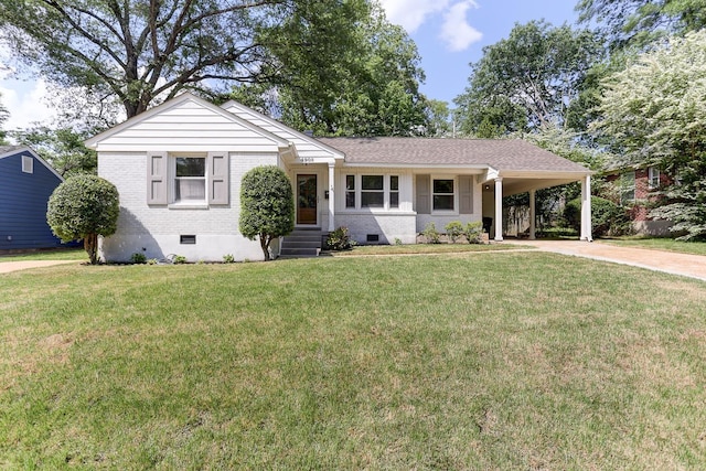 single story home featuring brick siding, a front yard, crawl space, concrete driveway, and a carport
