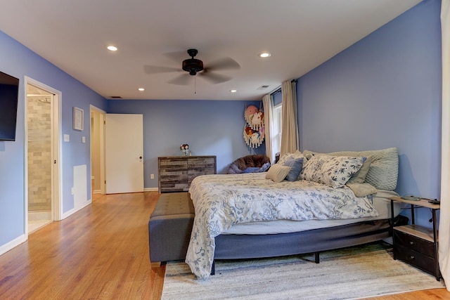 bedroom with recessed lighting, baseboards, ceiling fan, and wood finished floors