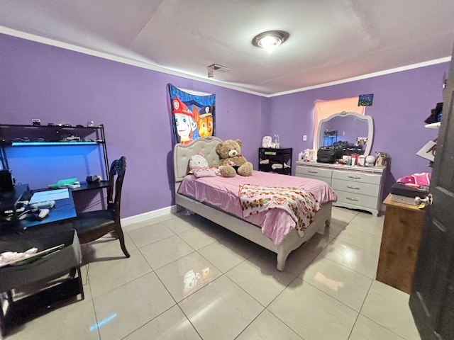 bedroom featuring crown molding, baseboards, and light tile patterned floors