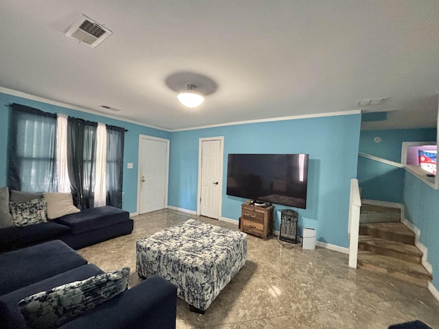 living area with visible vents, ornamental molding, and stairway