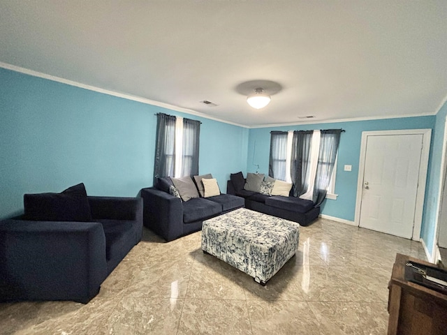 living room featuring baseboards, ornamental molding, marble finish floor, and visible vents